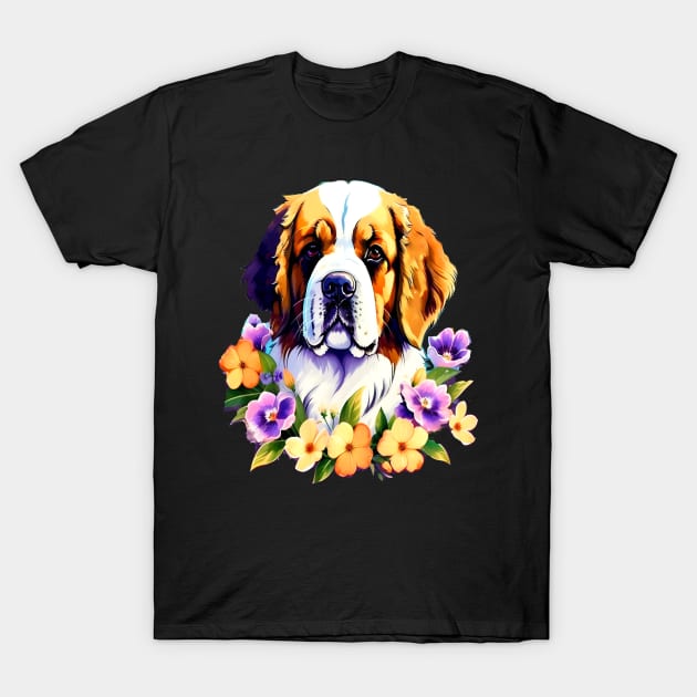 Saint Bernard Dog Surrounded by Beautiful Spring Flowers T-Shirt by BirdsnStuff